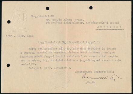 1962 Szamosközi István református püspök által aláírt hivatalos levél