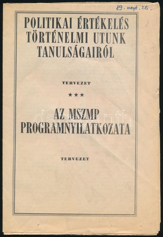 1989. szeptember MSZMP programnyilatkozata, tervezet