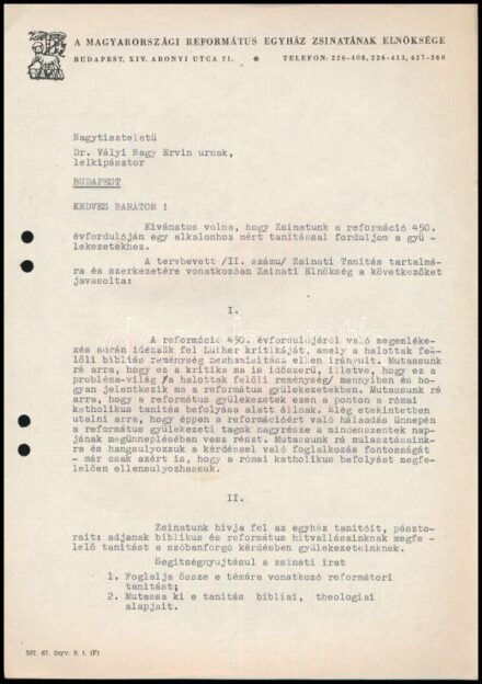 1967 Bartha Tibor református püspök, képviselő által aláírt hivatalos levél