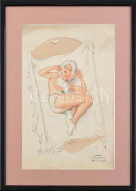 cca 1941 Alberto Vargas (1896-1982): Pin-up girl az Esquire amerikai magazinból, januári naptár lap. Ofszet nyomat, papír. Varoa Esq. jelzéssel a nyomaton. Foltos. Üvegezett fa keretben, 34×22,5 cm