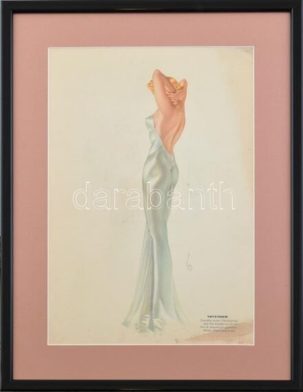 cca 1941 Alberto Vargas (1896-1982): Pin-up girl az Esquire amerikai magazinból, novemberi naptár lap. Ofszet nyomat, papír. Varoa Esq. jelzéssel a nyomaton. Foltos. Üvegezett fa keretben, 34×22,5 cm