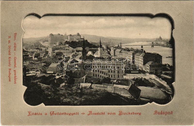 Budapest I. Kilátás a Gellérthegyről, Királyi vár, Tabán, Döbrentei tér, Szenes Ede üzlete. Divald Károly 3. sz.