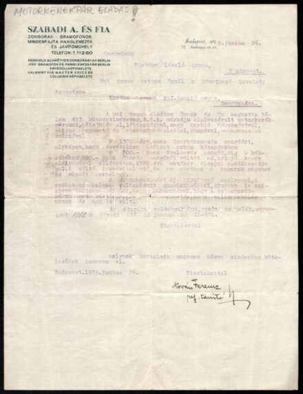 1929 Bp., Szabadi A. és Fia motorkerékpár adásvételi szerződése