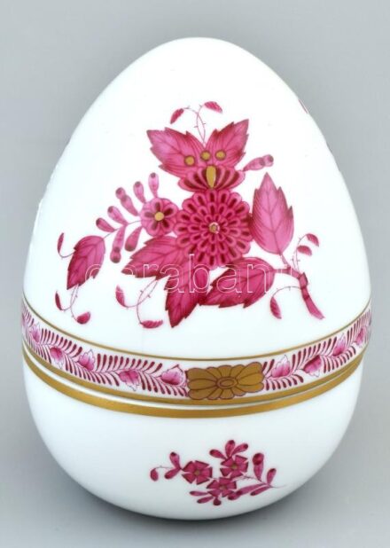 Herendi Apponyi purpur mintás tojás bonbonier. Kézzel festett, jelzett, hajszálrepedt. m:10 cm