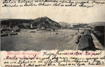 1900 Budapest, Ferenc József híd, Gellérthegy (még nincs Gellért tér, szálló se egyetem), pesti rakpart (szakadás / tear)