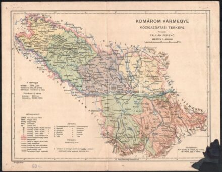 cca 1930 Komárom vármegye közigazgatási térképe, tervezte: Tallián Ferenc, 1: 400 000, sarka sérült, foltos, 26,5×33,5 cm