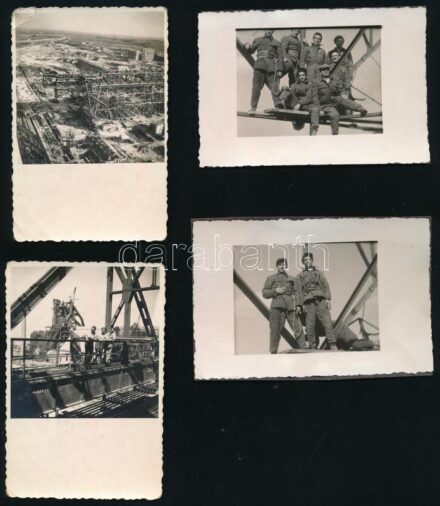 cca 1930 Ég és föld között a magasban, szerelők, 4 db fotó, 5,5×8,5 cm