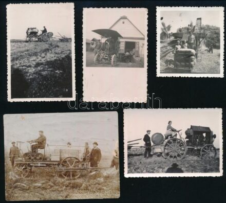 Cséplőgépek, ekék, traktorok, 7 db fotó, sérülésekkel, 6×6 és 8,5×13 cm