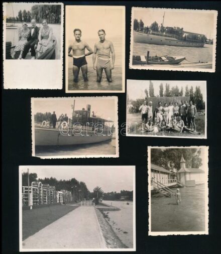10 db régi balatoni fotó (hajó, part, fürdőzők, stb.), sérülésekkel, 6×8 és 9×13,5 cm közötti méretekben