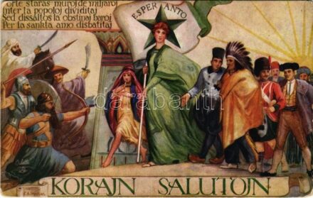Esperanto. Korajn Salutojn / Esperanto művészlap / Esperanto art postcard. Raphael Tuck & Sons 'Esperanto' 9964. s: C.A. Strechan (EK)