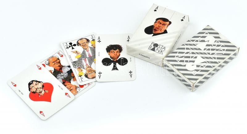 Magyar politikusok karikatúrait ábrázoló két pakli Posta Bank kártya.