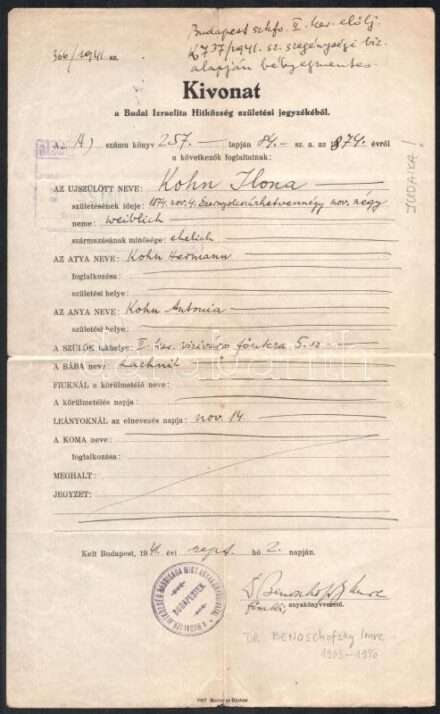 1941 Kivonat a Budai Izraelita Hitközség születési jegyzékéből Dr. Benoschofsky Imre (1903-1970) főrabbi aláírásával