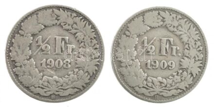 Svájc 1908B 1/2Fr Ag + 1909B 1/2Fr Ag T:3 patina, kis ph Switzerland 1908B 1/2 Franc Ag + 1909B 1/2 Franc Ag C:F patina, small edge error Krause KM#23