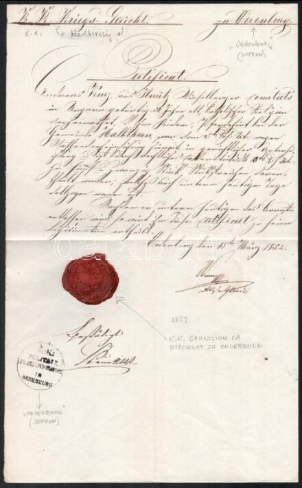 1852 Oedenburg (Sopron), K.k. Kriegsgericht igazolása, viaszpecséttel