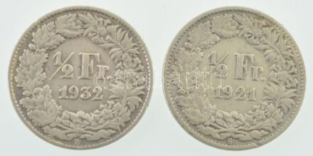 Svájc 1921B 1/2Fr Ag + 1932B 1/2Fr Ag T:2-,3 patina, kis ph Switzerland 1921B 1/2 Franc Ag + 1932B 1/2 Franc Ag C:VF,F patina, small edge error Krause KM#23