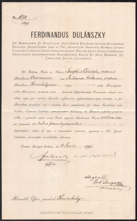 1891 Pincehely, irat Dulánszky Nándor (Ferdinánd) Alajos (1877-1896) pécsi püspök aláírásával és pecsétjével