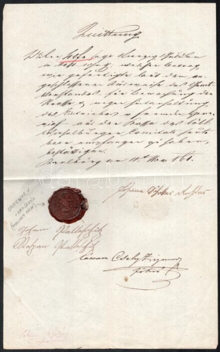 1861 Oroszvár, nyugta oroszlános viaszpecséttel