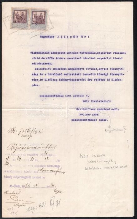 1921 Mosonmagyaróvár, kérelem házalási engedélyre, hátoldalán kétsoros irredenta szöveggel