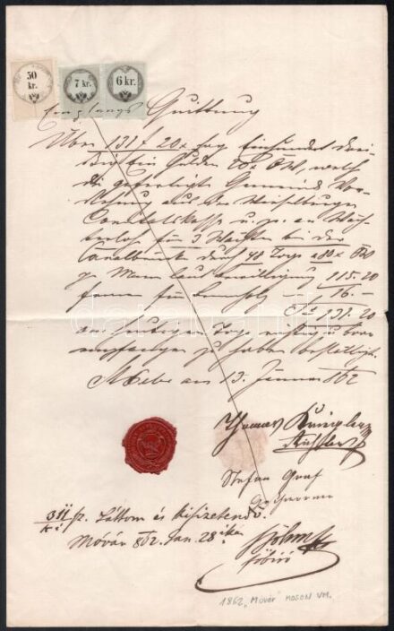 1862 Mosonmagyaróvár, nyugta 3 db okmánybélyeggel és viaszpecséttel