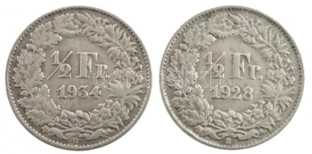 Svájc 1928B 1/2Fr Ag + 1934B 1/2Fr Ag T:2- patina Switzerland 1928B 1/2 Franc Ag + 1934B 1/2 Franc Ag C:VF patina Krause KM#23
