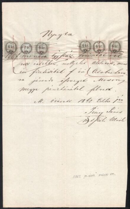 1862 Mosonmagyaróvár, nyugta 6 db okmánybélyeggel