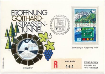 Svájc 1980. 'A Gotthard-alagút megnyitása' jelzett Ag emlékérem, érmés borítékban, bélyeggel és bélyegzéssel (0.999) T:PP Switzerland 1980. 'Eröffnung Gotthard-Strassentunnel 5. Sept. 1980' hallmarked Ag commemorative medallion in