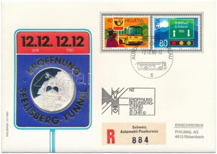Svájc 1980. 'A Seelisberg-alagút megnyitása' jelzett Ag emlékérem, érmés borítékban, bélyeggel és bélyegzéssel (0.999) T:PP patina Switzerland 1980. 'Eröffnung Seelisberg-Tunnel' hallmarked Ag commemorative medallion in coin envelope