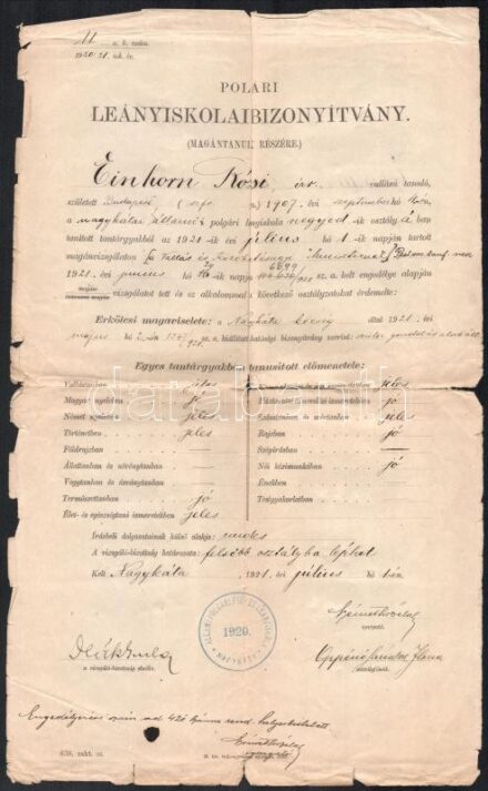 1918-1921 Leányiskolai bizonyítvány izraelita vallású magántanuló részére, 2 db