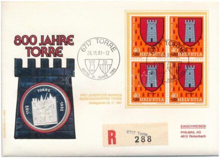 Svájc 1981. 'Torre 1182 - 1982' jelzett Ag emlékérem, 'Torre 800 éves' érmés borítékban, bélyeggel és bélyegzéssel (0.999) T:PP patina Switzerland 1981. 'Torre 1182 - 1982' hallmarked Ag commemorative medallion, '800 Jahre Torre' in