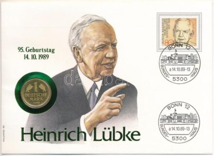 Német Szövetségi Köztársaság 1989J 1M aranyozott Cu-Ni 'Heinrich Lübke' érmés borítékban bélyeggel, bélyegzéssel T:1,1- FRG 1989J 1 Mark gilded Cu-Ni 'Heinrich Lübke' in coin envelope with stamps and cancellations C:UNC,AU