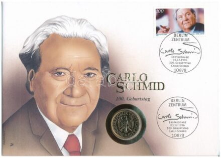 NSZK 1990G 1M Cu-Ni aranyozott, 'Carlo Schmied' érmés borítékban, első napi bélyegzéses bélyeggel T:1- FRG 1990G 1 Mark Cu-Ni gilt, in 'Carlo Schmied' coin envelope with first day of issue stamp and cancellation C:AU