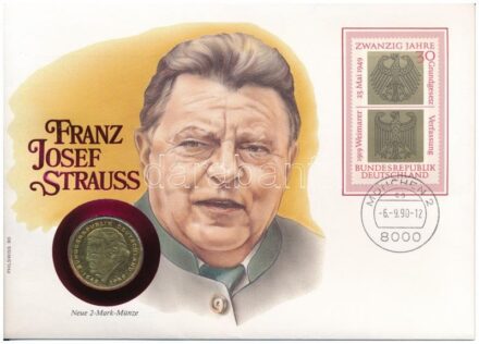 Német Szövetségi Köztársaság 1990D 2M aranyozott Cu-Ni 'Franz Joseph Strauss' érmés borítékban bélyeggel, bélyegzéssel T:1,1- FRG 1990D 2 Mark gilded Cu-Ni in 'Franz Joseph Strauss' coin envelope with stamps and cancellations C:UNC,AU