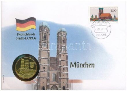 Németország 1997. 'München' aranyozott fém emlékérem érmés borítékban, bélyeggel, bélyegzéssel, német nyelvű leírással T:PP Germany 1997. 'München' gilt metal commemorative medallion in coin envelope with stamp and cancellation,
