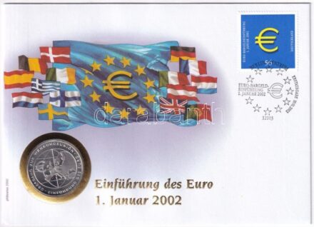 Németország 2002F 10E Ag 'Az euró bevezetése' felbélyegzett borítékban, bélyegzéssel, német nyelvű leírással T:PP patina Germany 2002F 10 Euro Ag 'The Introduction of the Euro' in envelope with stamp and cancellation, with German