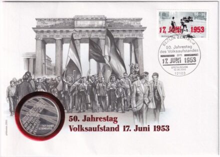 Németország 2003A 10E Ag 'Az 1953-as forradalom 50. évfordulója' felbélyegzett borítékban, bélyegzéssel, német nyelvű leírással T:PP patina Germany 2003A 10 Euro Ag '50th Anniversary of the Revolution in 1953' in envelope with stamp