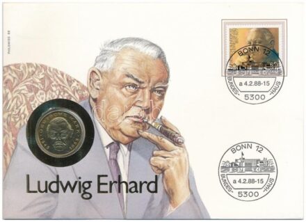 Német Szövetségi Köztársaság 1988F 2M Cu-Ni aranyozva 'Ludwig Erhard' érmés borítékban, bélyeggel, bélyegzéssel, német nyelvű leírással T:1- FRG 1988F 2 Mark Cu-Ni gilt 'Ludwig Erhard' in coin envelope with stamp and cancellation,