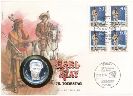 Német Szövetségi Köztársaság 1987. 'Karl May / 75 Todestag Karl May' jelzett Ag emlékérem, érmés borítékban, bélyeggel és bélyegzéssel (0.999) T:PP patina Federal Republic Germany 1987. 'Karl May / 75 Todestag Karl May' hallmarked