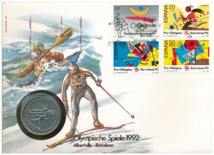 Andorra 1987. 2D Cu-Ni 'XXIV. Téli Olimpia 1992' felbélyegzett borítékon, alkalmi bélyegzéssel, német nyelvű leírással T:1- patina Andorra 1987. 2 Diners 'XXIVth Winter Olympics 1992' in envelope with stamp, with German description C:UAU
