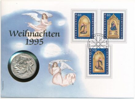 Liechtenstein 1995. 'Karácsony' jelzett Ag emlékérem felbélyegzett borítékban, elsőnapi bélyegzéssel, német nyelvű leírással (0.900) T:1 Liechtenstein 1995. 'Christmas' hallmarked Ag commemorative medallion in envelope with stamp and