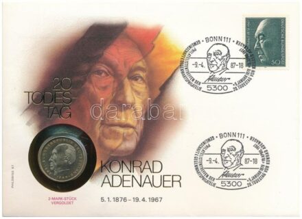 Német Szövetségi Köztársaság 1969D 2M 'Konrad Adenauer 'aranyozott Cu-Ni érmés borítékban bélyeggel, bélyegzéssel T:1-,2 FRG 1969D 2 Mark 'Konrad Adenauer' gilded Cu-Ni in coin envelope with stamps and cancellations C:AU,XF