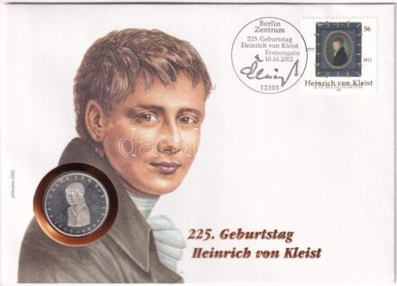 NSZK 1977G 5M Ag 'Heinrich von Kleist születésének 200. évfordulója' felbélyegzett borítékban, bélyegzéssel, német nyelvű leírással T:1- (eredetileg PP) patina FRG 1977G 5 Mark Ag '200th Anniversary - Birth of Heinrich von Kleist' in