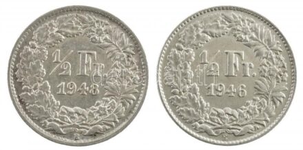 Svájc 1946B 1/2Fr Ag + 1948B 1/2Fr Ag T:2 patina, kis ph Switzerland 1946B 1/2 Franc Ag + 1948B 1/2 Franc Ag C:XF patina, small edge error Krause KM#23
