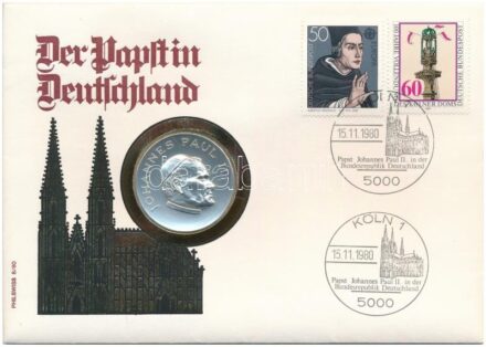 Német Szövetség Köztársaság 1980. 'II János Pál' jelzett Ag emlékérem felbélyegzett borítékban, alkalmi bélyegzővel (0.999) T:1 Federal Republic Germany 1980. 'Johannes Paul II' hallmarked Ag commemorative medallion in envelope
