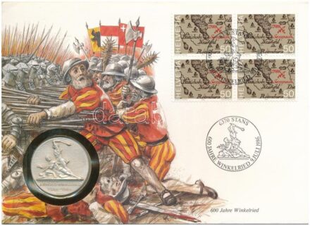 Svájc 1986. 'Sempach 1986 / Arnold Winkelried 1386-1986' jelzett Ag emlékérem, érmés borítékban, bélyeggel és bélyegzéssel (0.999) T:1 Switzerland 1986. 'Sempach 1986 / Arnold Winkelried 1386-1986' hallmarked Ag commemorative medallion