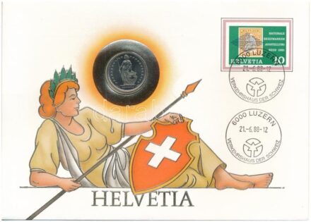 Svájc 1987. 1Fr Cu-Ni 'Helvetia' felbélyegzett borítékban T:1 Switzerland 1987. 1 Franc Cu-Ni 'Helvetia' in envelope with stamp C:UNC