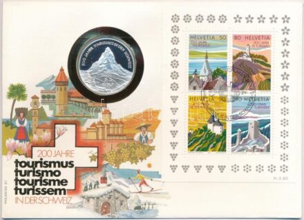 Svájc 1987. '200 éves a turizmus Svájcban' jelzett Ag emlékérem érmés borítékban, alkalmi bélyegzéssel, német nyelvű leírással (0.999) T:PP Switzerland 1987. '200 Years of Tourism' hallmarked Ag commemorative medallion in envelope
