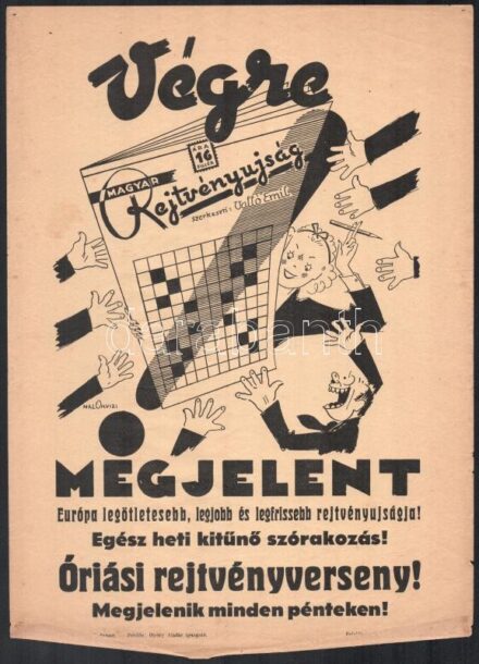 Magyar rejtvényújság. Plakát, 1930-40 körül. Ofszet, papír, Malomvizi jelzéssel, Stádium Rt., lap széle sérült, 35×25 cm