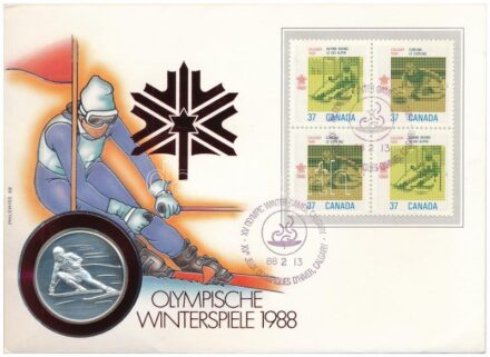 Svájc 1988. '1988 Téli Olimpia' jelzett Ag emlékérem érmés borítékban, bélyeggel, alkalmi bélyegzéssel, német nyelvű leírással (0.999) T:1- patina Switzerland 1988. '1988 Winter Olympics' hallmarked Ag commemorative medallion in