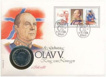 Svédország 1988. 5Kr Cu-Ni 'V. Olaf' érmés borítékban, bélyeggel, bélyegzéssel, német nyelvű leírással T:1- patina Sweden 1988. 5 Kroner Cu-Ni 'Olaf V' in envelope with stamp and cancellation, with German description C:AU