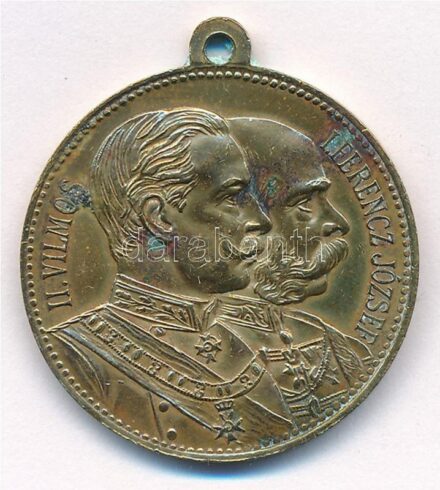1897. 'II. Vilmos látogatása Budapesten' fém emlékérem füllel 'II. VILMOS - I. FERENCZ JÓZSEF / EMLÉK II-ik VILMÓS NÉMET CSÁSZÁR Ő FELSÉGÉNEK BUDAPESTEN LÉTÉRŐL 1897 ÉVI SZEPTEMBER HÓ 20.' (29mm) T:2 kis patina
